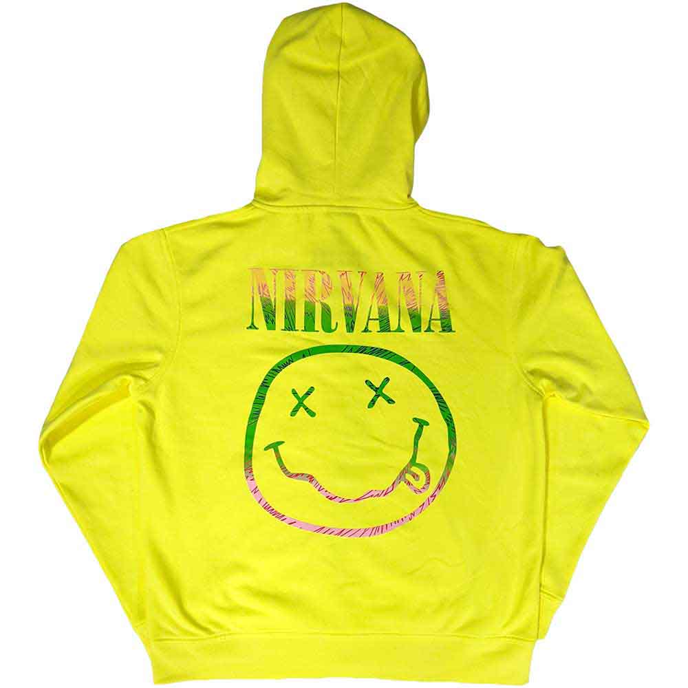 Nirvana Unisex Zipped Hoodie: Sorbet Ray Happy Face (Neon Yellow) (Back Print)