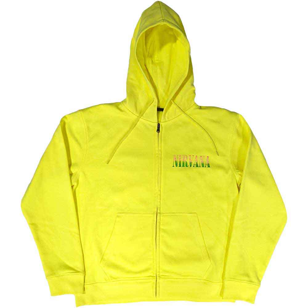 Nirvana Unisex Zipped Hoodie: Sorbet Ray Happy Face (Neon Yellow) (Back Print)