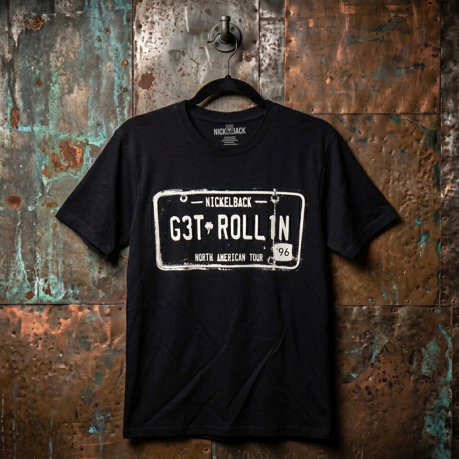 Nickelback Unisex Premium Carbon T-Shirt: Get Rollin' Tour (Black) (Back Print)