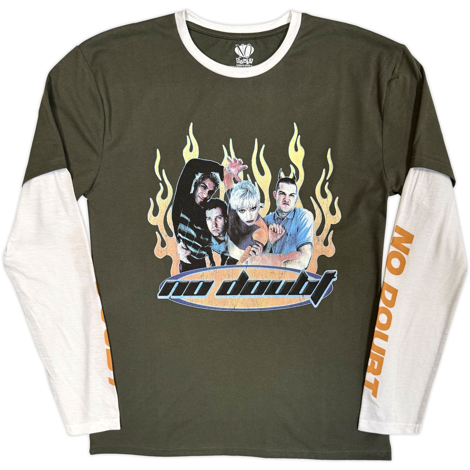 No Doubt Unisex Layered Long Sleeve T-Shirt: Flames (Green & White) (Sleeve Print)
