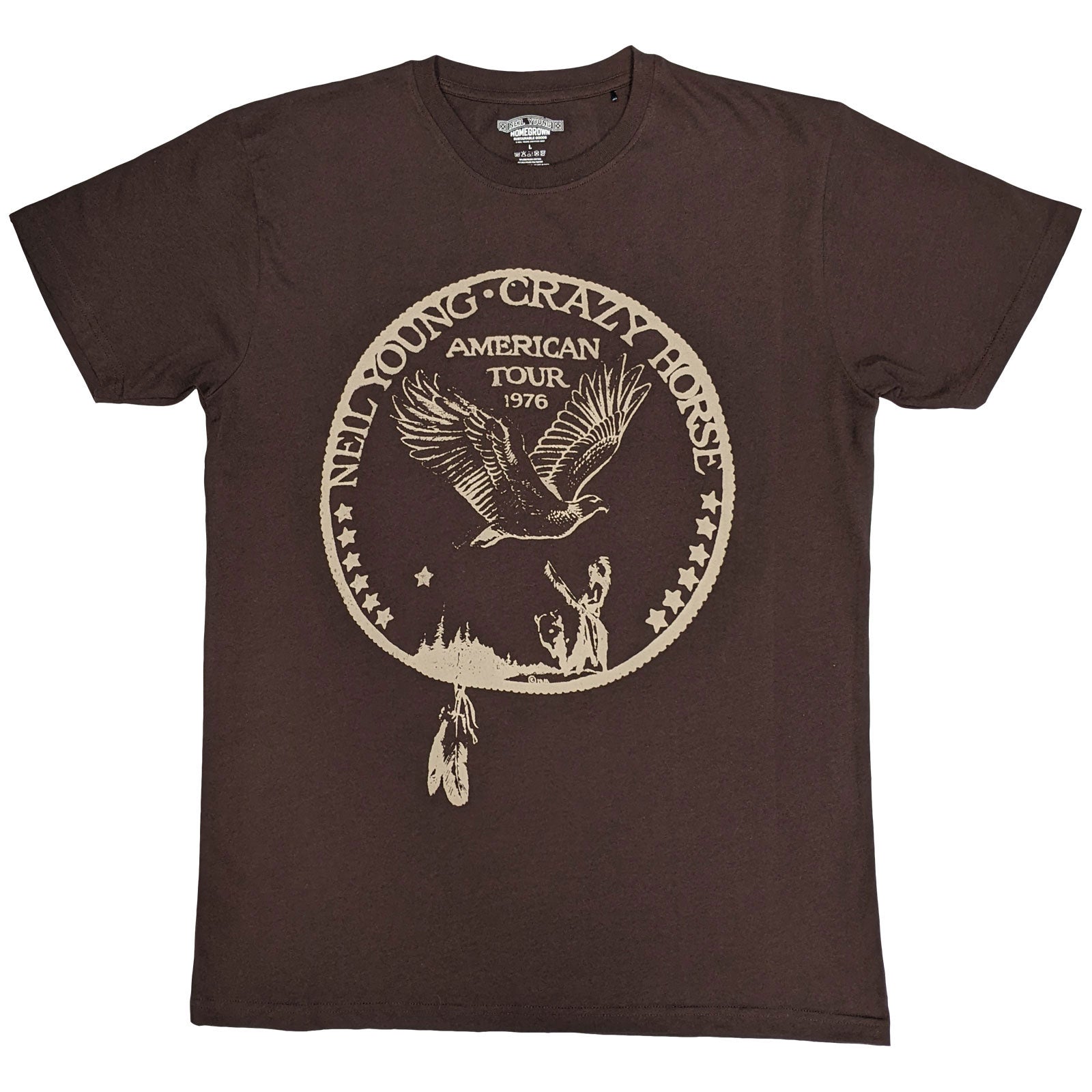 Neil Young Unisex T-Shirt: Tour '76 Seal (Brown)