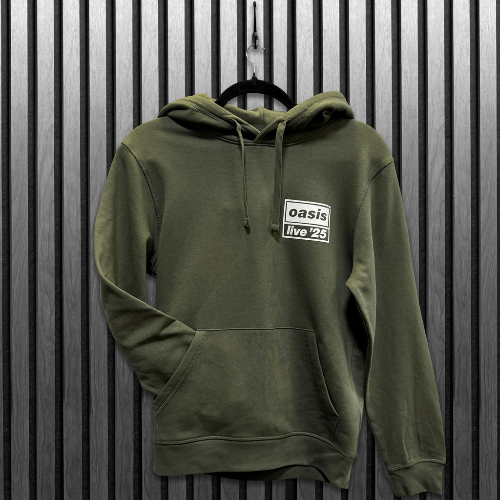 Oasis Unisex Pullover Hoodie: Live '25 Distressed Lockup Pocket (Khaki) (Ex-Tour)