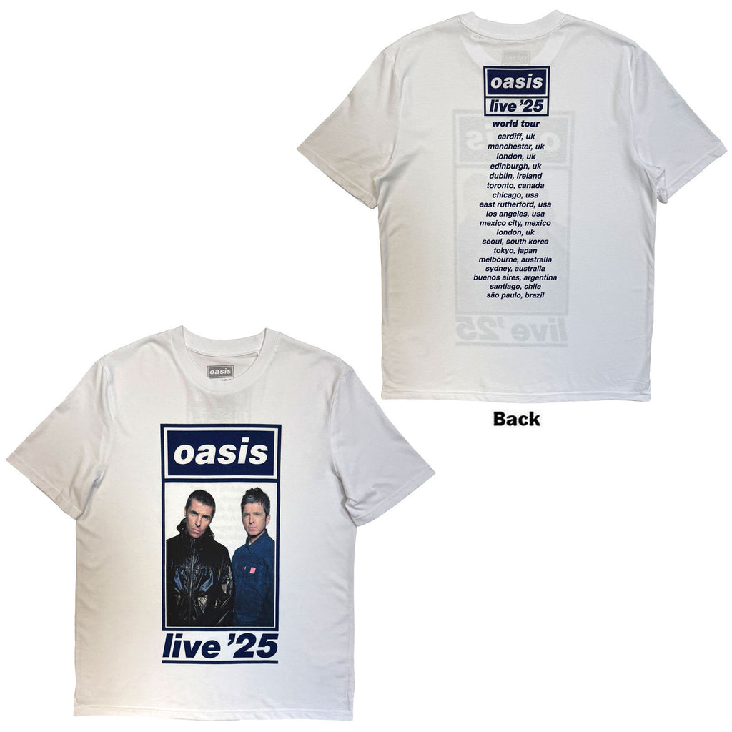 Oasis Unisex T-Shirt: Colour Photo Live '25 World Tour (White) (Back Print & Ex-Tour)