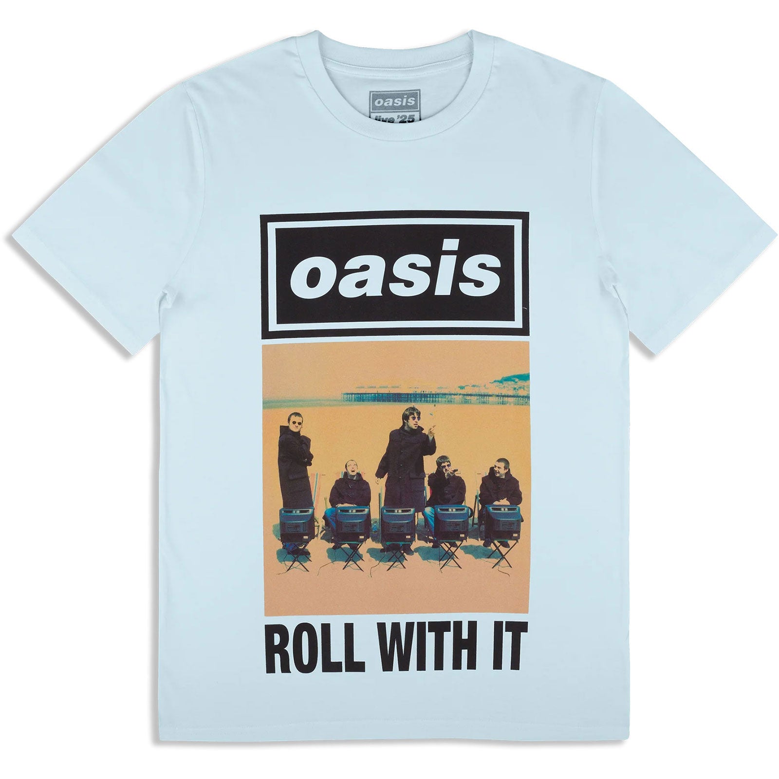 Oasis Unisex T-Shirt: Roll With It Single Cover (Light Blue) (Ex-Tour)