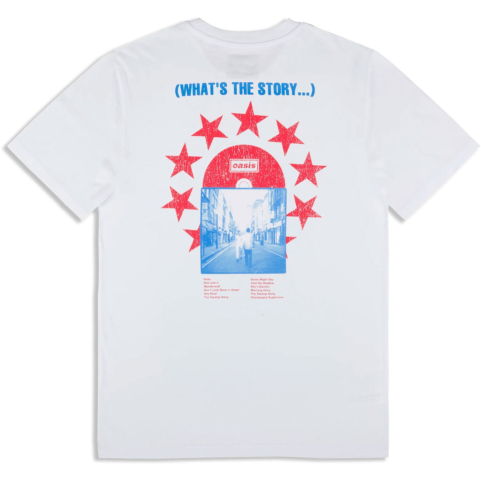 Oasis Unisex T-Shirt: What's The Story CD Star (White) (Back Print & Ex-Tour)