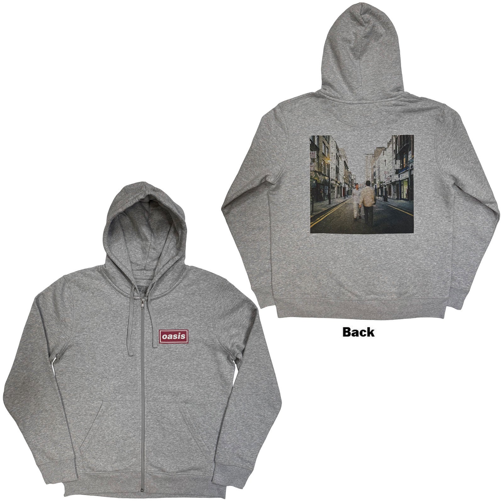 Oasis Unisex Zipped Hoodie: What's The Story Red Logo (Grey) (Back Print & Ex-Tour)