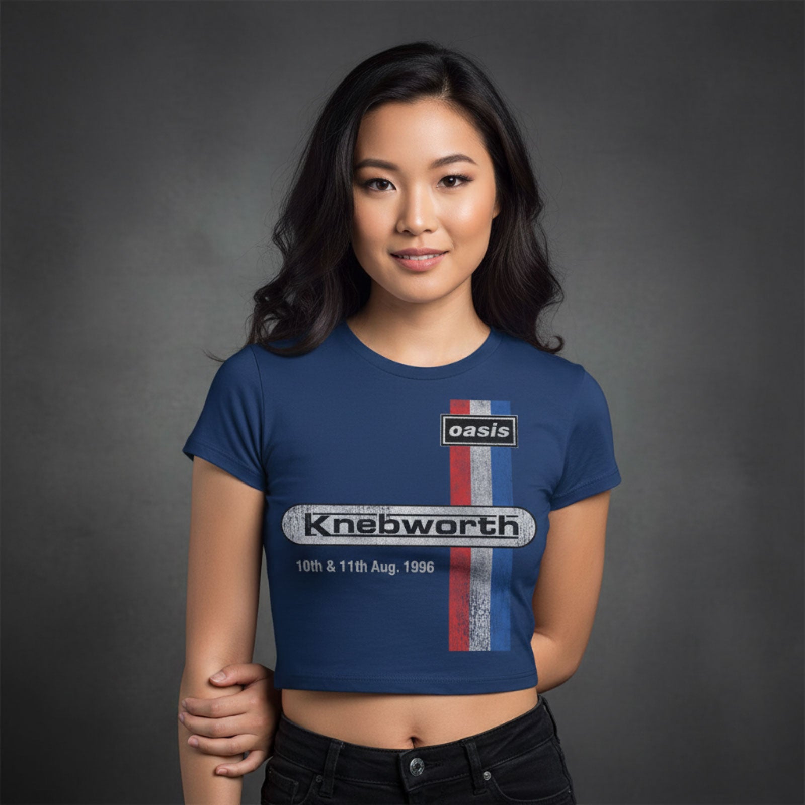 Oasis Ladies Crop Top: Knebworth '96 (Navy Blue)