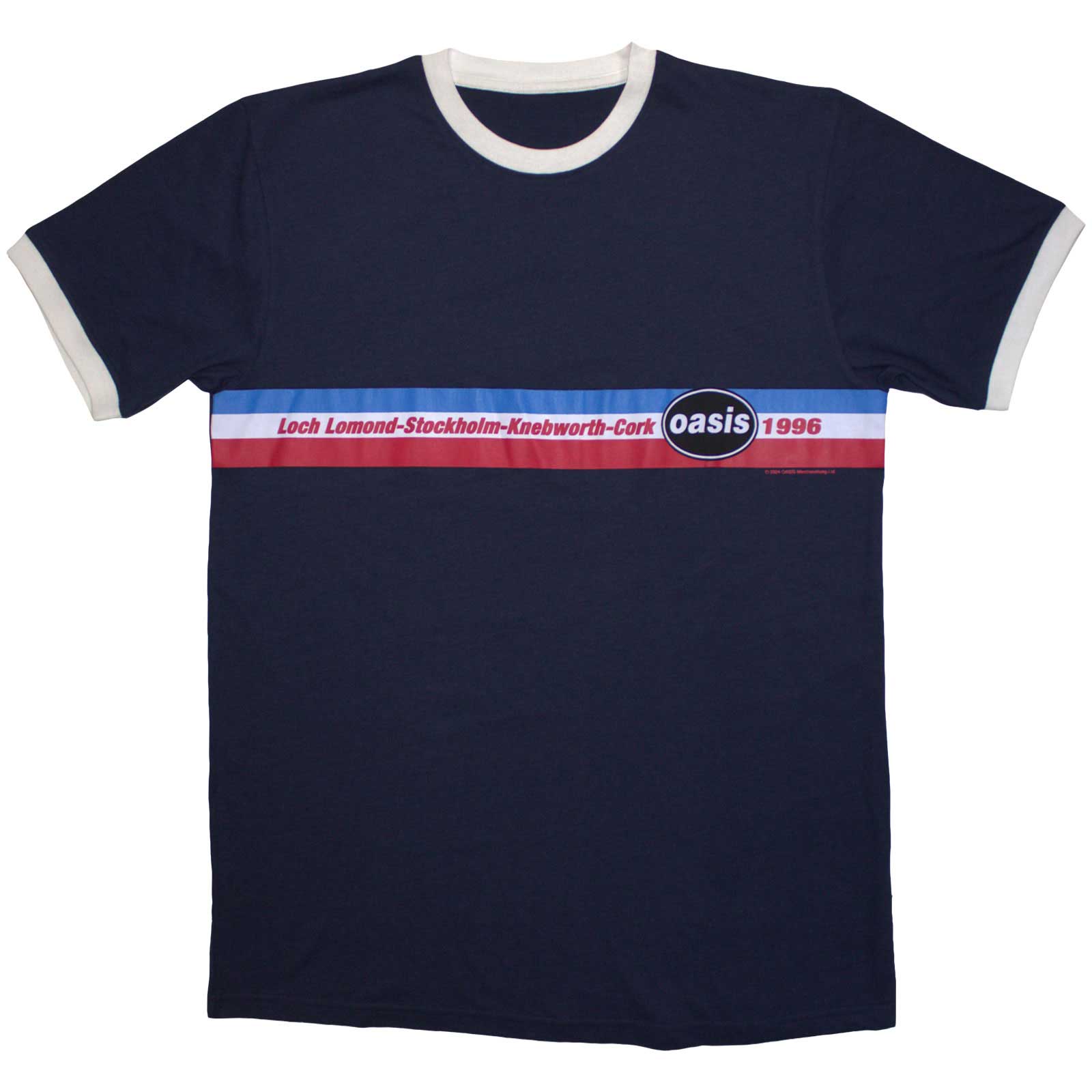 Oasis Unisex Ringer T-Shirt: 1996 Tour Horizontal Stripes (Navy Blue)