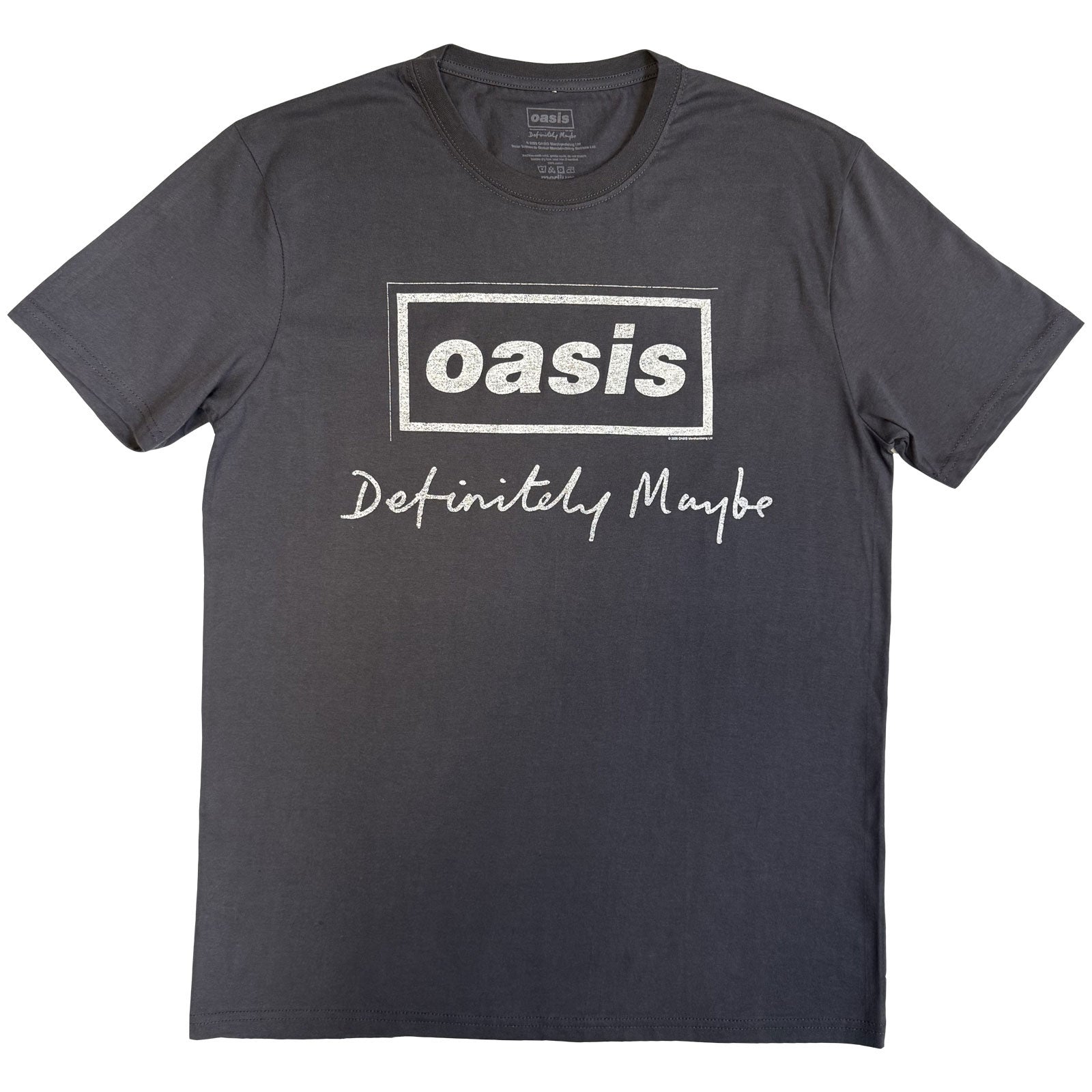 Oasis Unisex T-Shirt: Definitely Maybe Distressed Text Logo (Charcoal Grey)