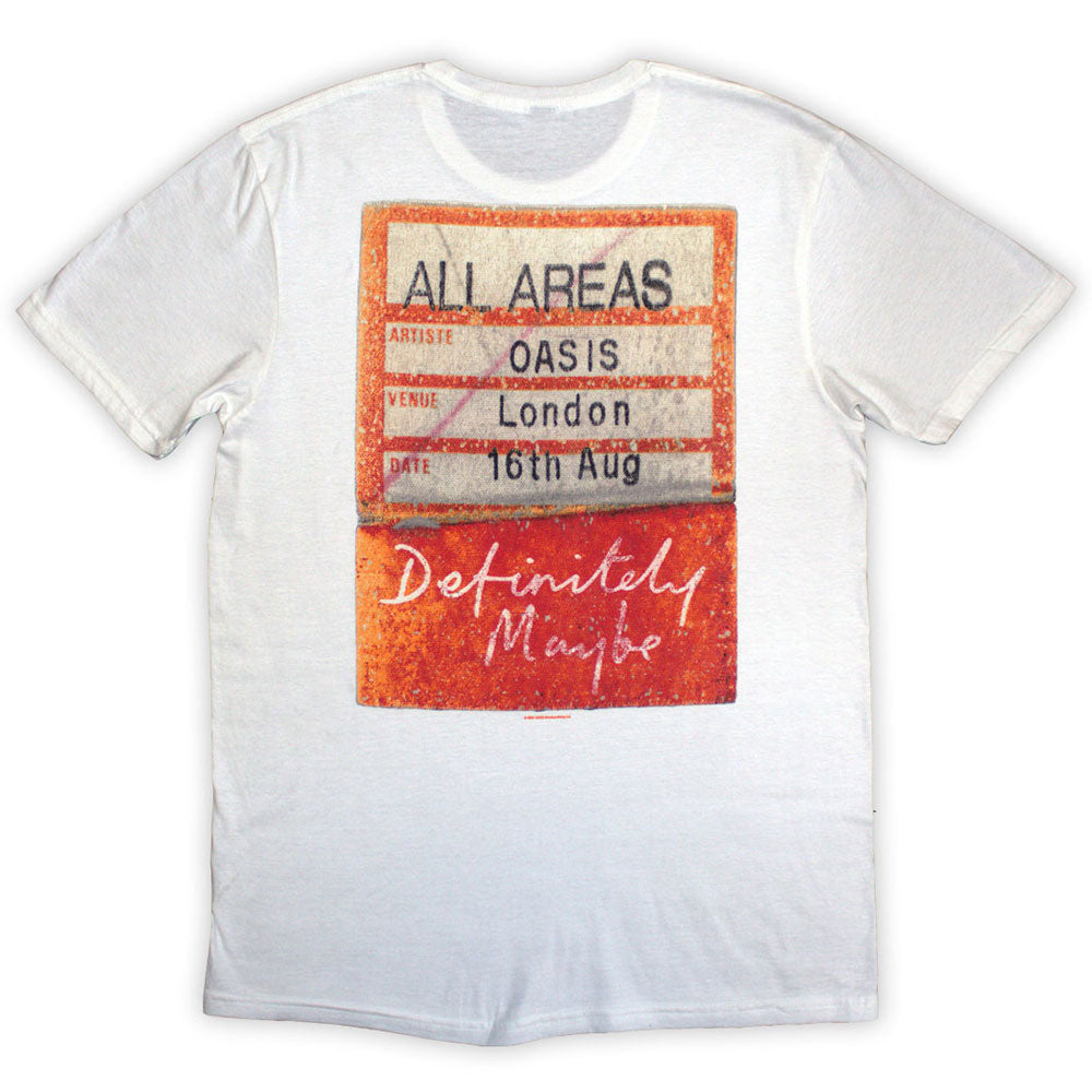 Oasis Unisex T-Shirt: Definitely Maybe AAA Pass (White) (Back Print)