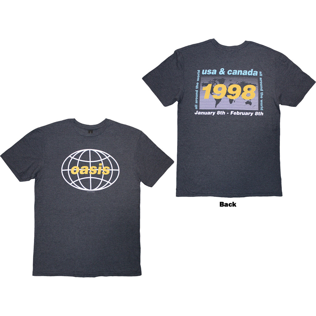 Oasis Unisex T-Shirt: 1998 World Tour - USA/Canada (Navy Blue) (Back Print)