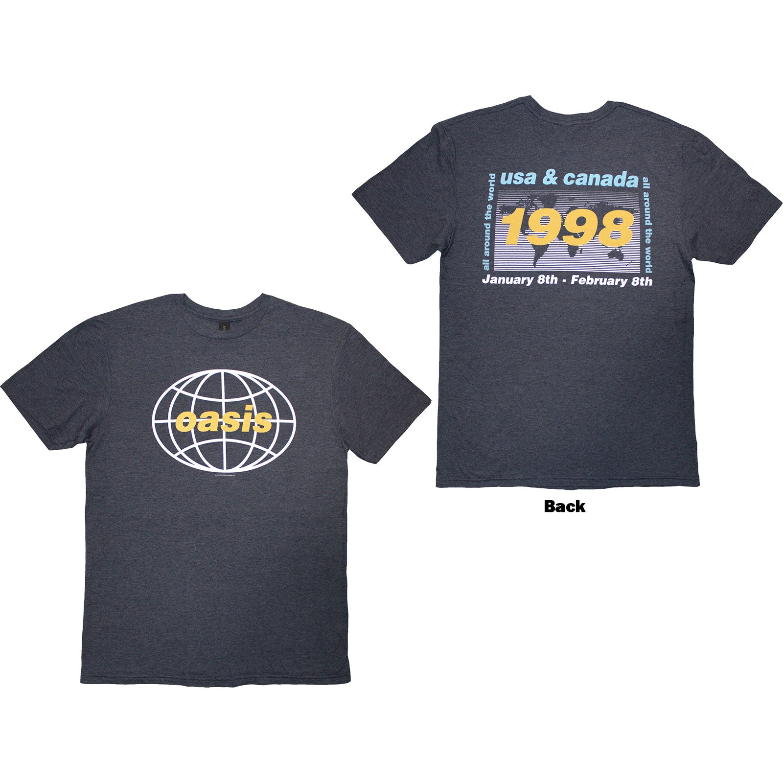 Oasis Unisex T-Shirt: 1998 World Tour - USA/Canada (Navy Blue) (Back Print)