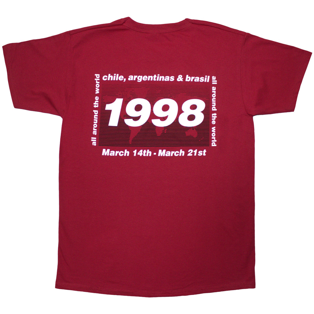 Oasis Unisex T-Shirt: 1998 World Tour - South America (Red) (Back Print)