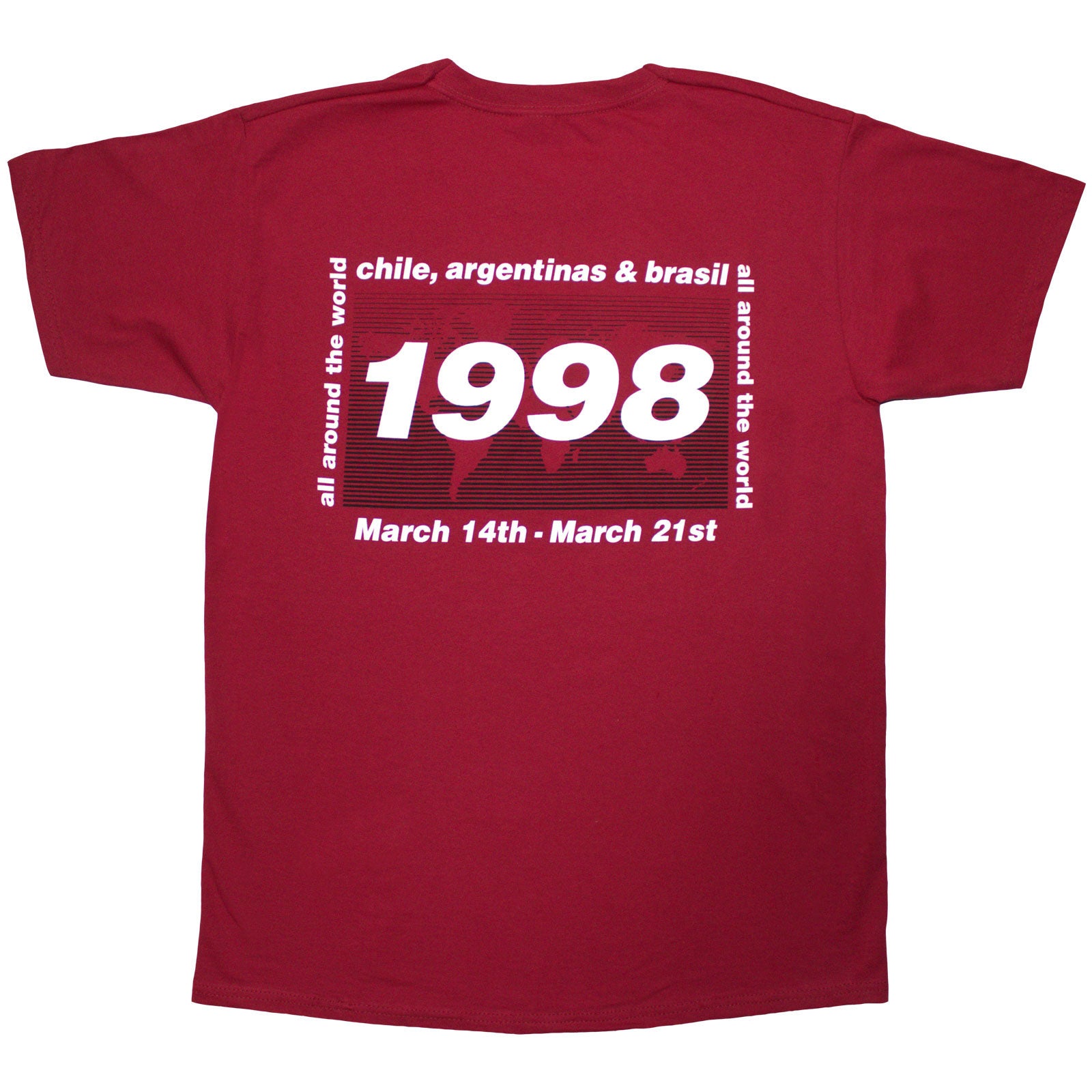 Oasis Unisex T-Shirt: 1998 World Tour - South America (Red) (Back Print)