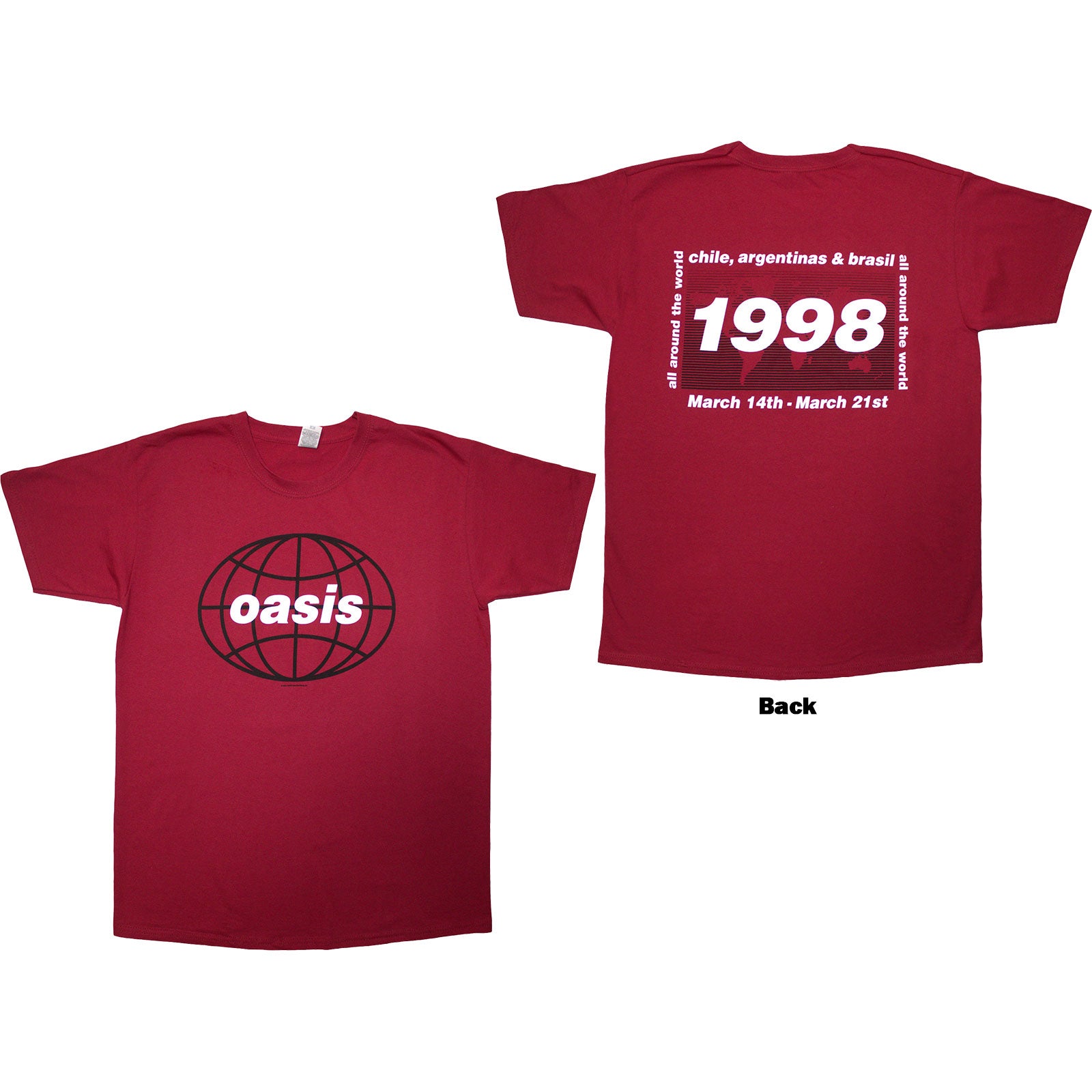 Oasis Unisex T-Shirt: 1998 World Tour - South America (Red) (Back Print)