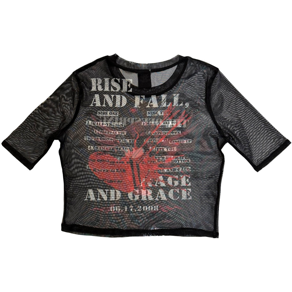 The Offspring Ladies Mesh Crop Top: Rise & Fall (Black) (Back Print)