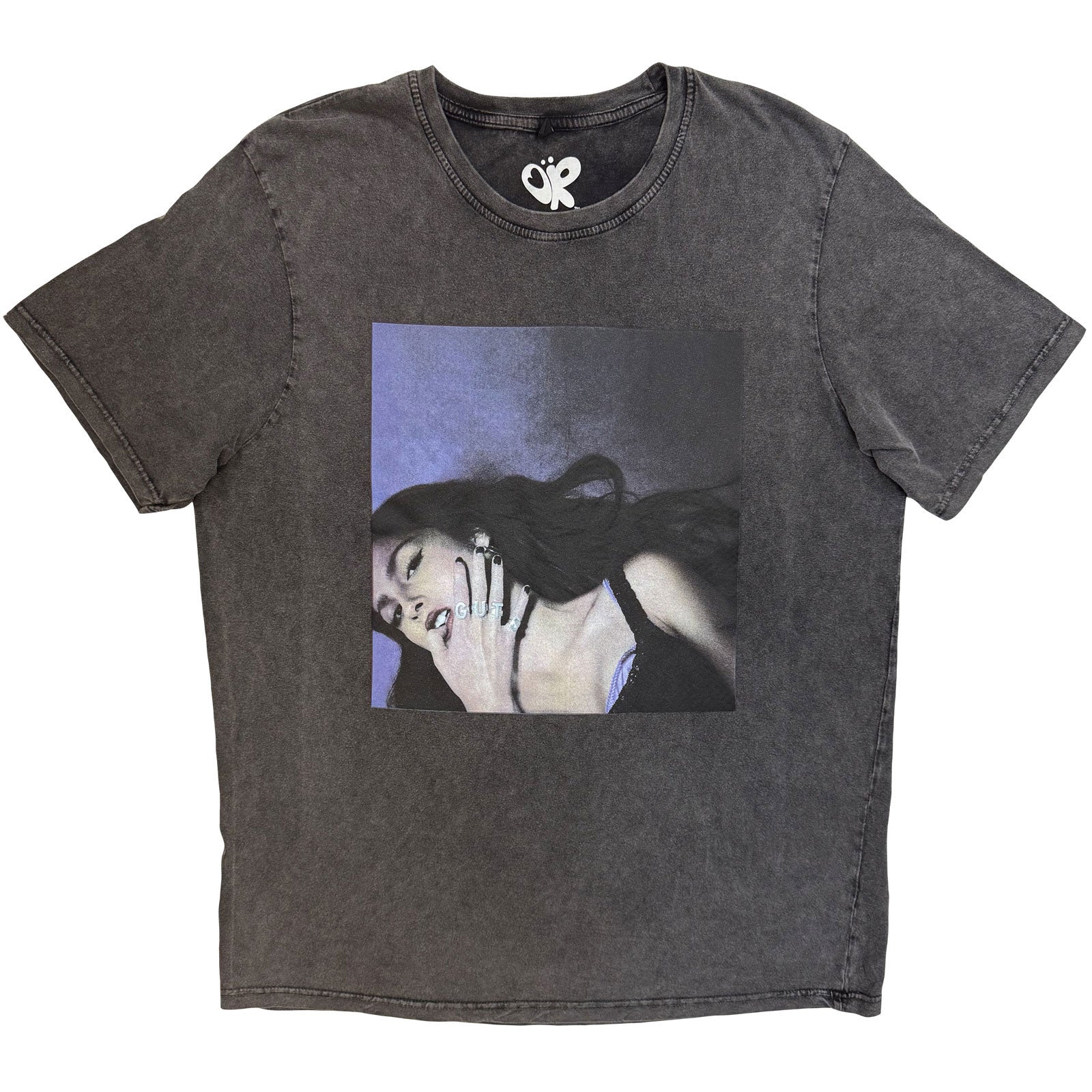 Olivia Rodrigo Unisex Stone Wash T-Shirt: Guts Album Cover (Charcoal Grey) (Back Print)