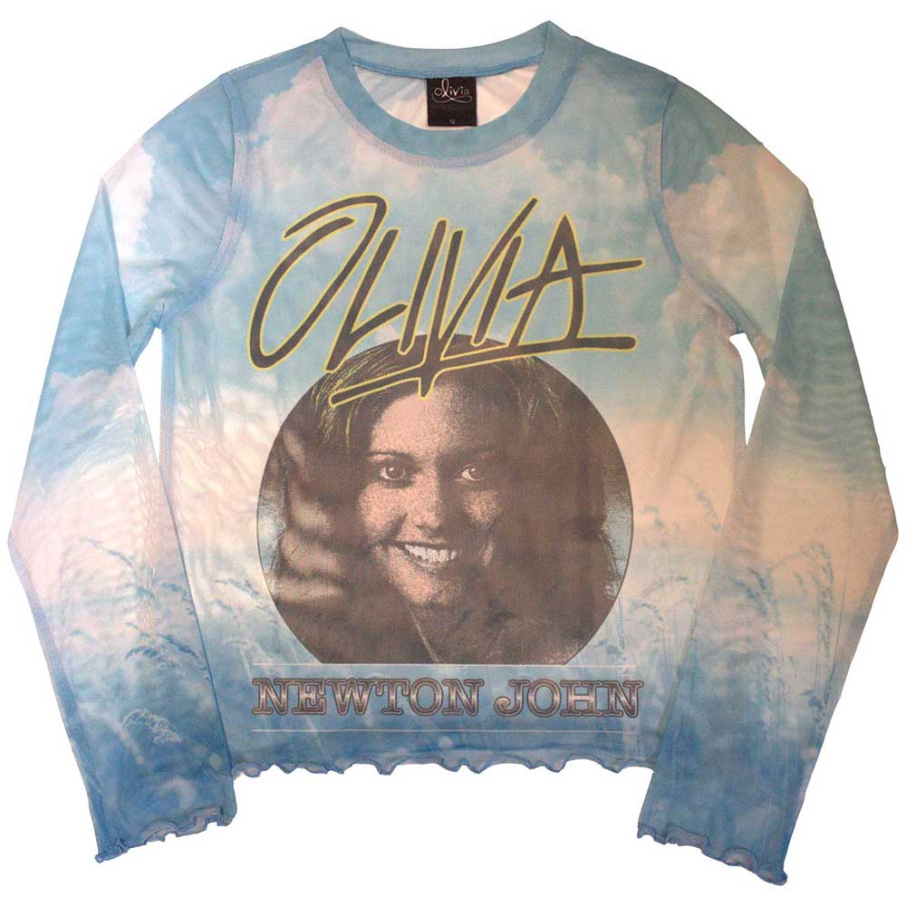 Olivia Newton-John Ladies Long Sleeve Mesh Crop Top: Circle Photo (Light Blue)