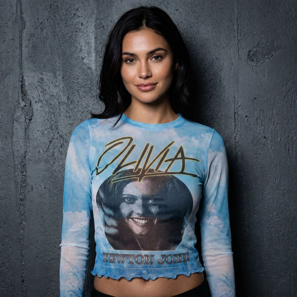 Olivia Newton-John Ladies Long Sleeve Mesh Crop Top: Circle Photo (Light Blue)