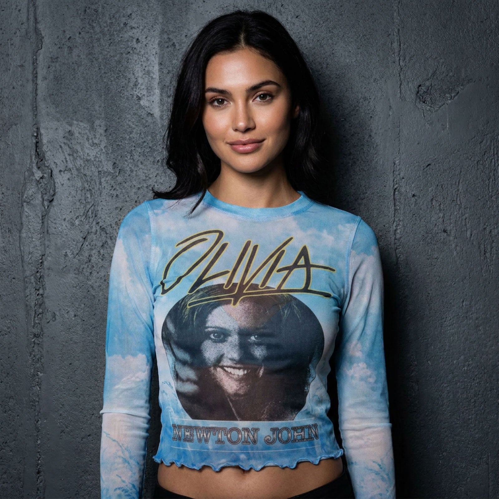 Olivia Newton-John Ladies Long Sleeve Mesh Crop Top: Circle Photo (Light Blue)