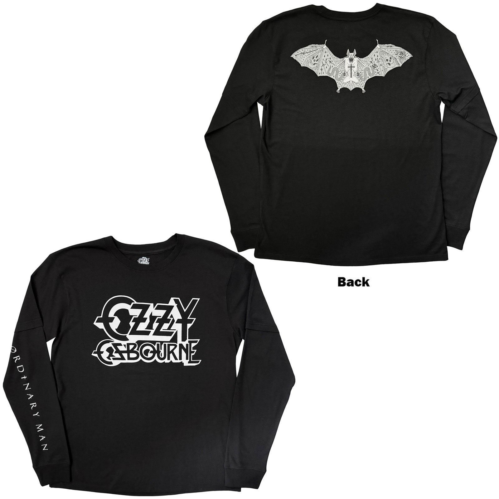 Ozzy Osbourne Unisex 2 In 1 Layered Long Sleeve T-Shirt: Tattoo Bat (Black) (Back Print)