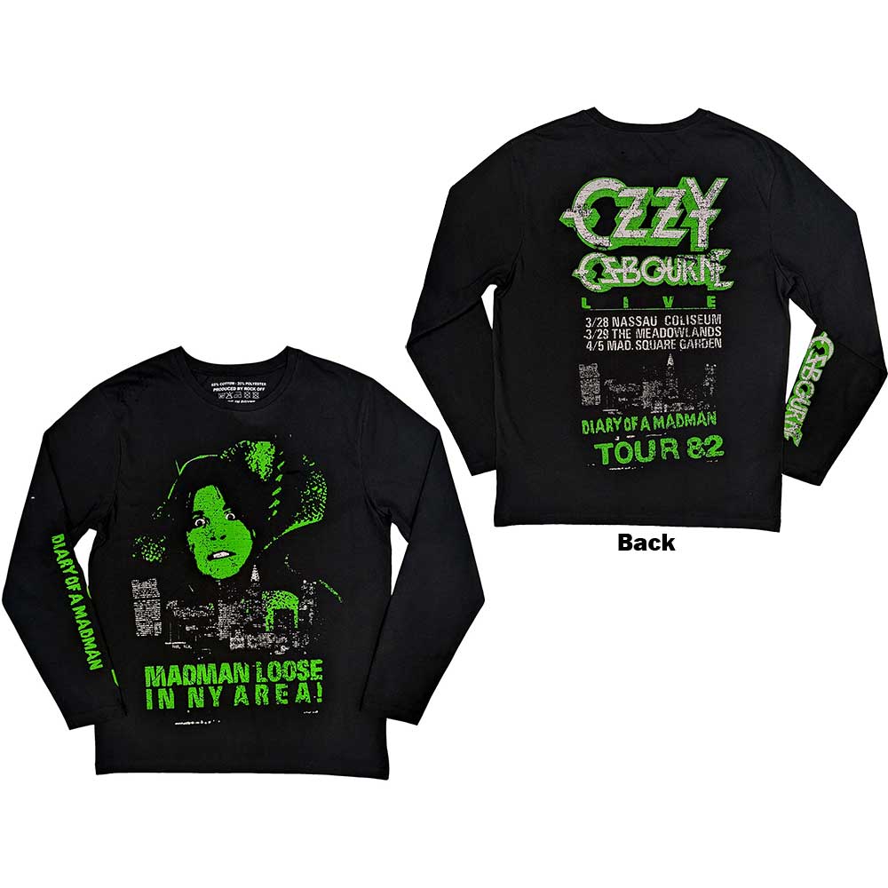 Ozzy Osbourne Unisex Long Sleeve T-Shirt: Madman Loose (Black) (Back & Sleeve Print)