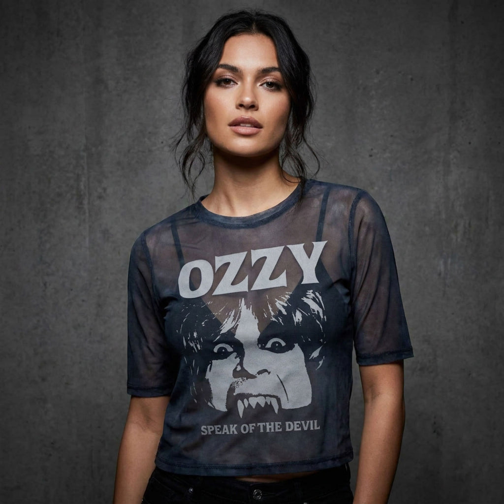 Ozzy Osbourne Ladies Mesh Crop Top: Speak Of The Devil (Navy Blue)