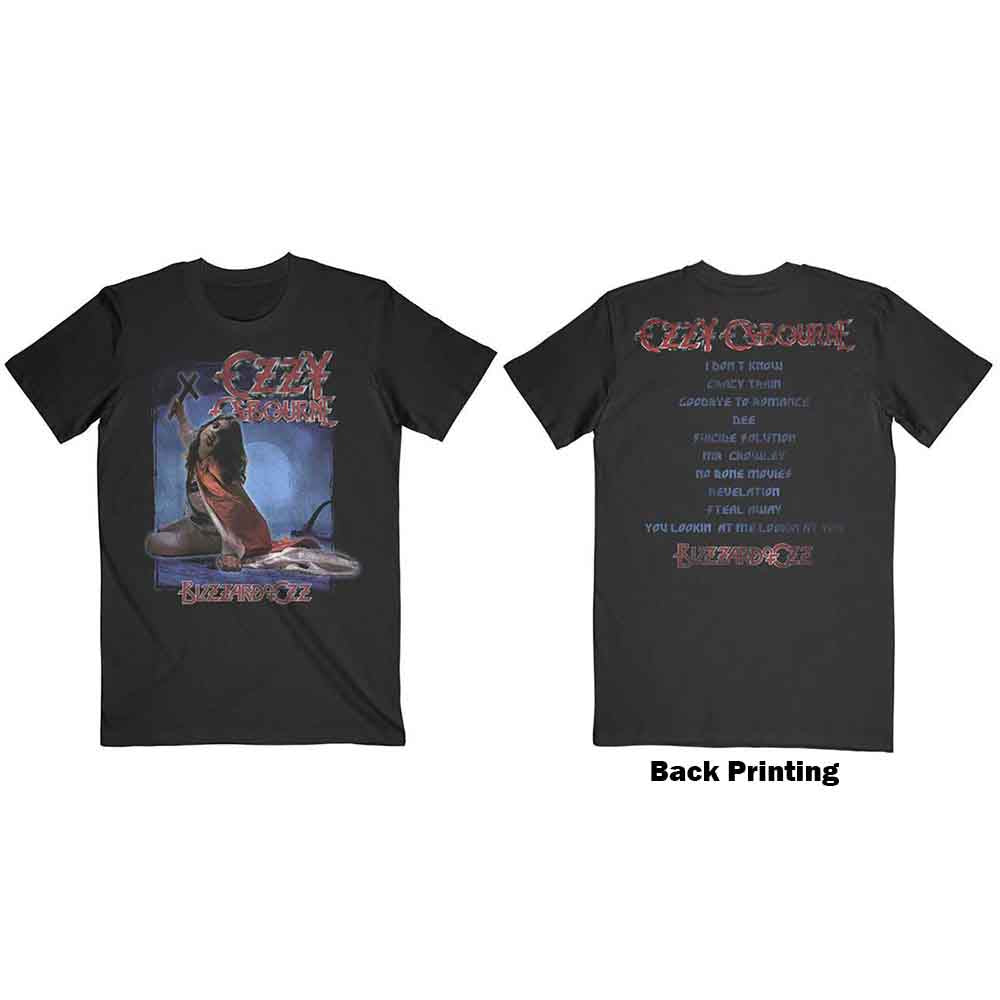 Ozzy Osbourne Unisex T-Shirt: Blizzard of Ozz Track list (Black) (Back Print)