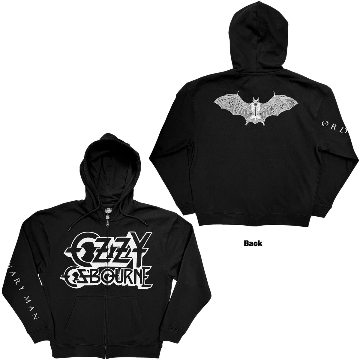 Ozzy Osbourne Unisex Zipped Hoodie: Tattoo Bat (Black) (Back & Sleeve Print)