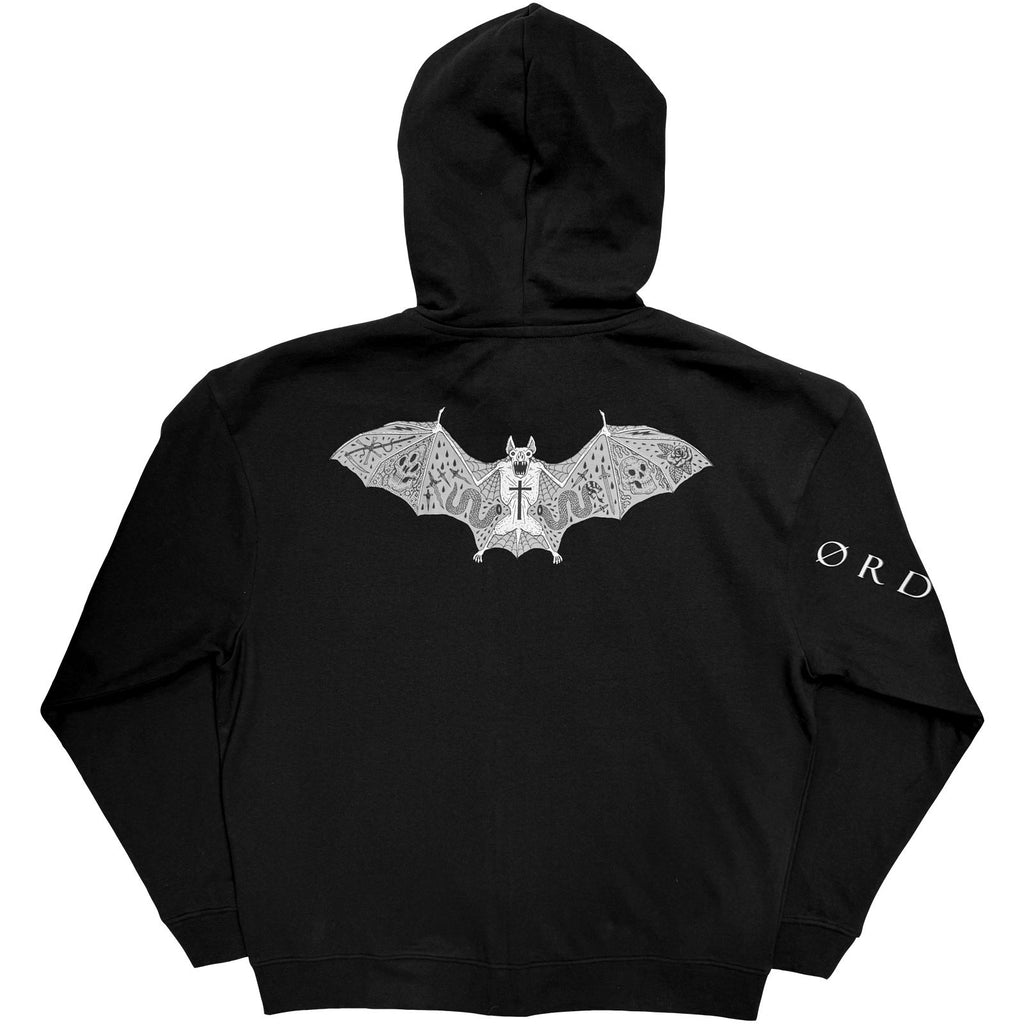 Ozzy Osbourne Unisex Zipped Hoodie: Tattoo Bat (Black) (Back & Sleeve Print)