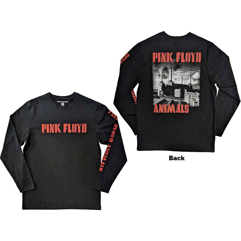 Pink Floyd Unisex Long Sleeve T-Shirt: Animals B&W (Black) (Back & Sleeve Print)