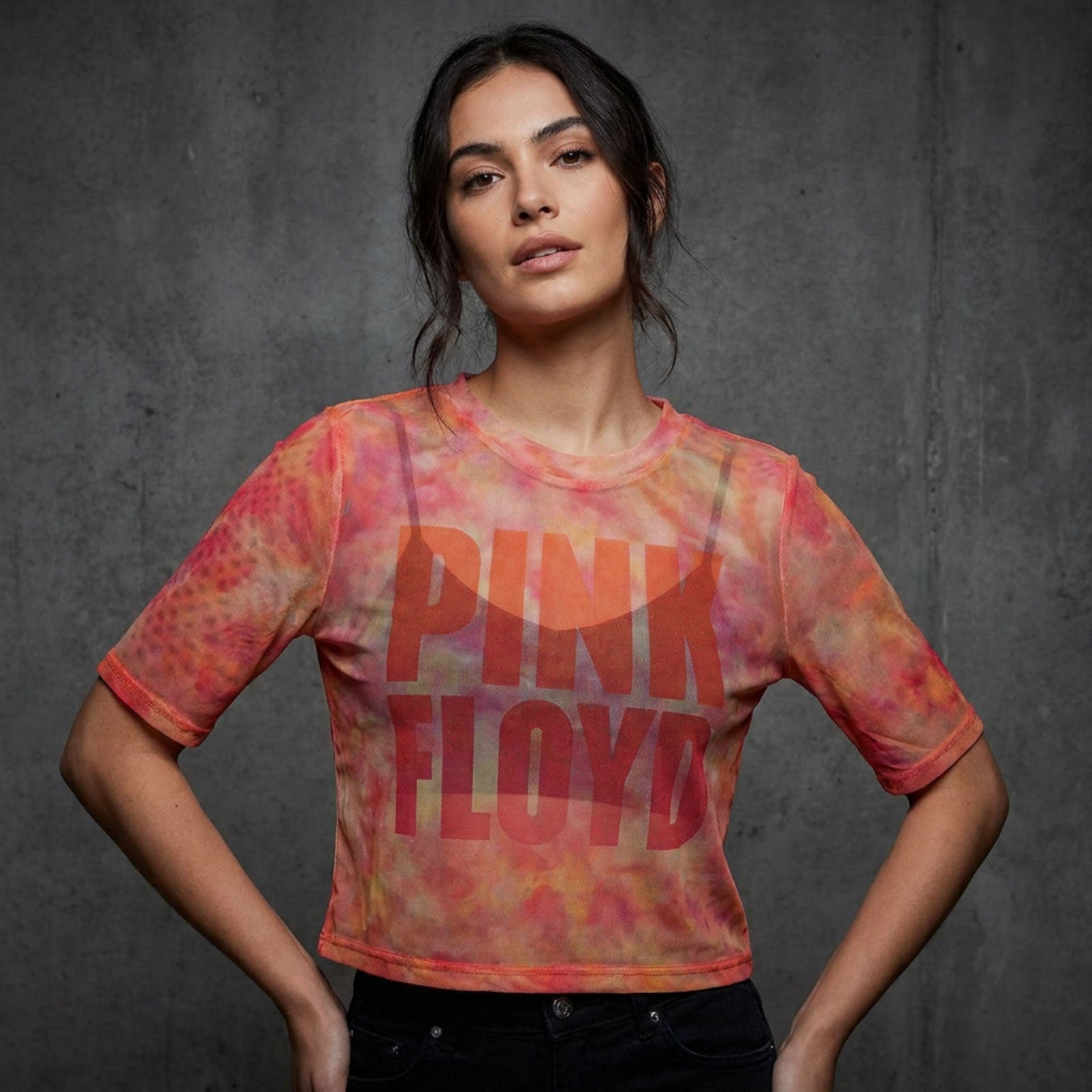 Pink Floyd Ladies Mesh Crop Top: Stacked Logo (Pink)