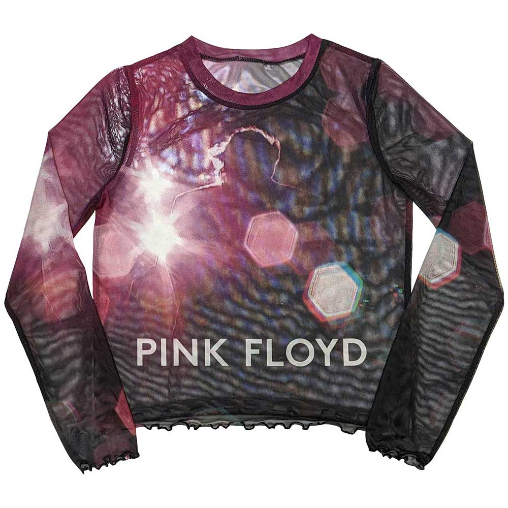 Pink Floyd Ladies Long Sleeve Mesh Crop Top: Knebworth '90 (Black)