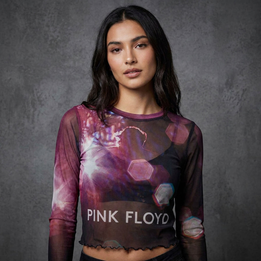Pink Floyd Ladies Long Sleeve Mesh Crop Top: Knebworth '90 (Black)