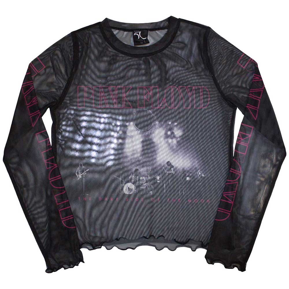 Pink Floyd Ladies Long Sleeve Mesh Crop Top: Live Band (Black)