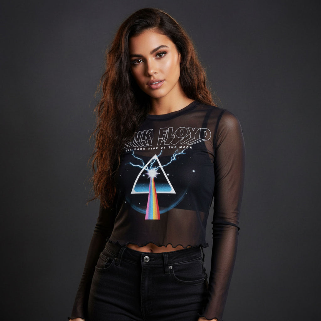 Pink Floyd Ladies Long Sleeve Mesh Crop Top: Lightning Prism (Navy Blue)