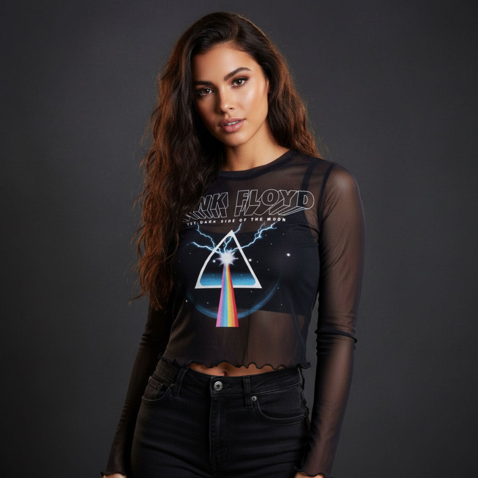 Pink Floyd Ladies Long Sleeve Mesh Crop Top: Lightning Prism (Navy Blue)