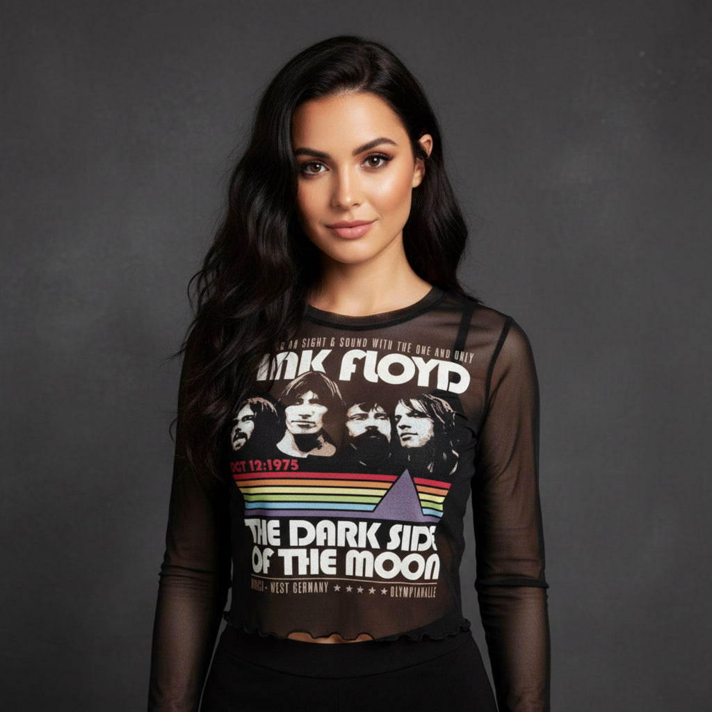 Pink Floyd Ladies Long Sleeve Mesh Crop Top: Vintage Stripes (Black)