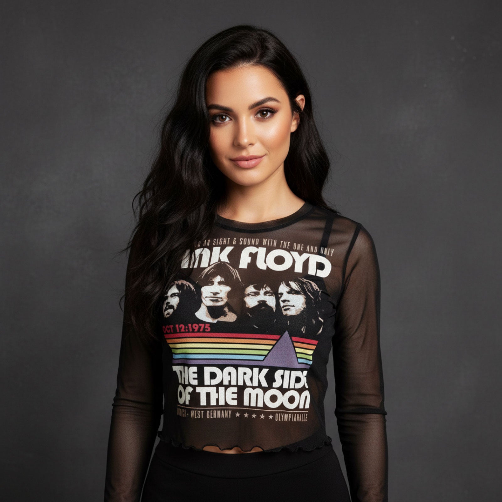 Pink Floyd Ladies Long Sleeve Mesh Crop Top: Vintage Stripes (Black)