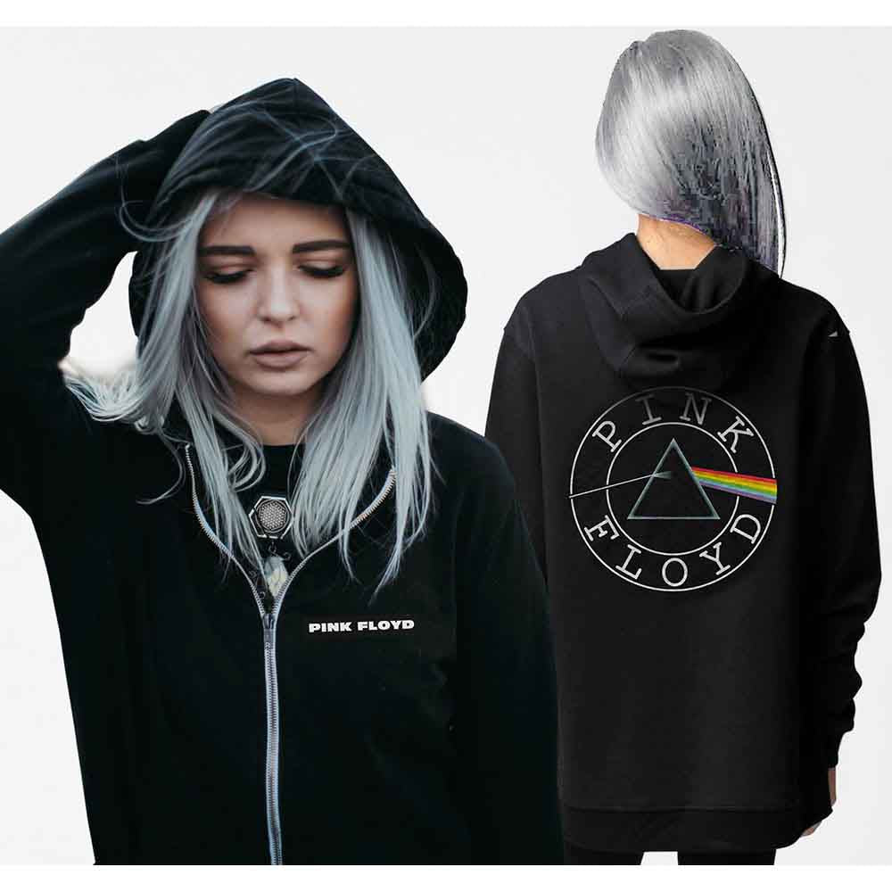 Pink Floyd Ladies Zipped Hoodie: Circle Logo (Black) (Back Print)