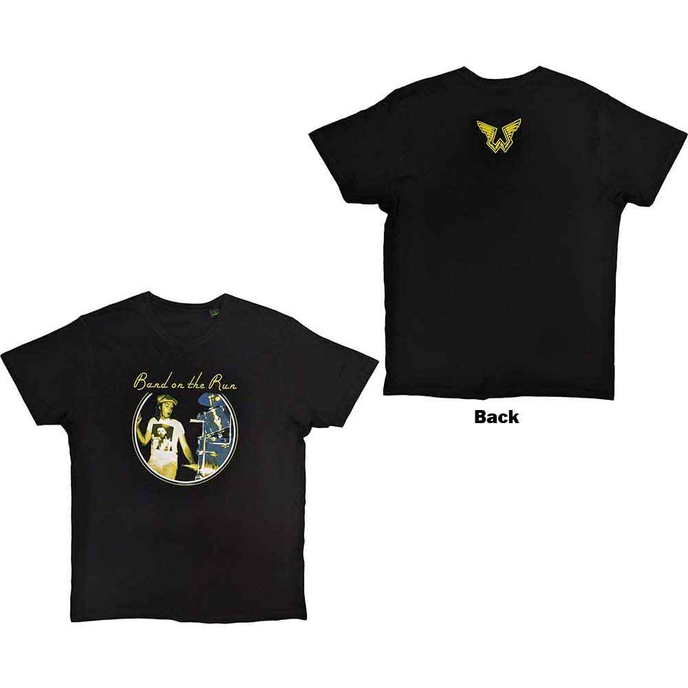 Paul McCartney Unisex T-Shirt: Wings Band on the Run (Black) (Back Print)