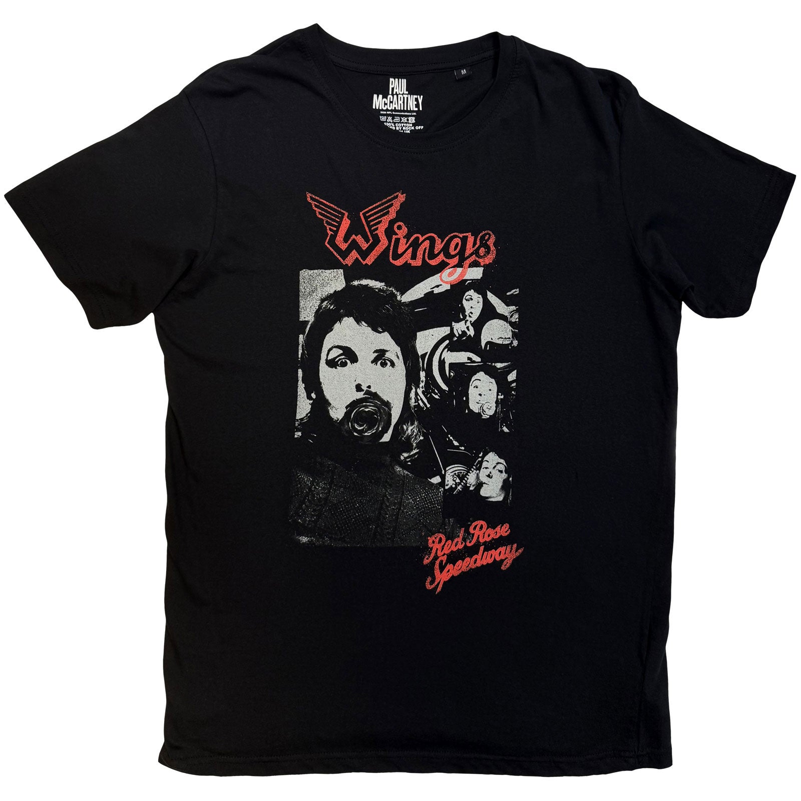 Paul McCartney Unisex T-Shirt : Wings Collage (Black) (Back Print)