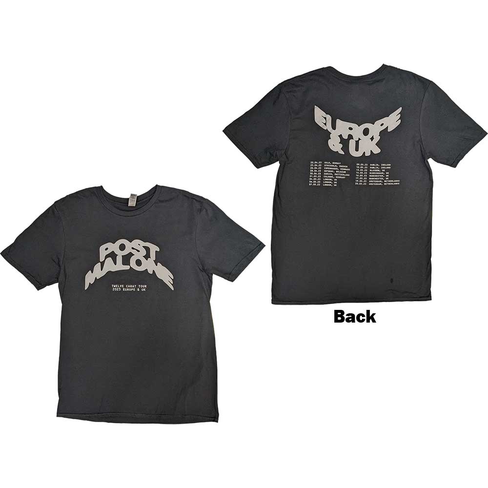 Post Malone Unisex T-Shirt: Curved Logo 2023 Tour Dates (Black) (Back Print & Ex-Tour)