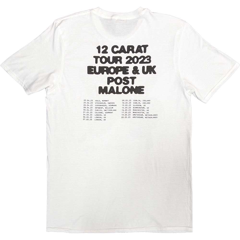 Post Malone Unisex T-Shirt: Burn It Down 2023 Tour Dates (White) (Back Print & Ex-Tour)