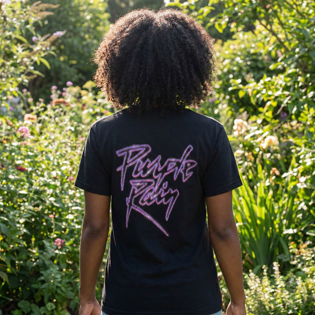 Prince Unisex Premium Carbon T-Shirt: Purple Rain Logo Outline (Black) (Back Print)