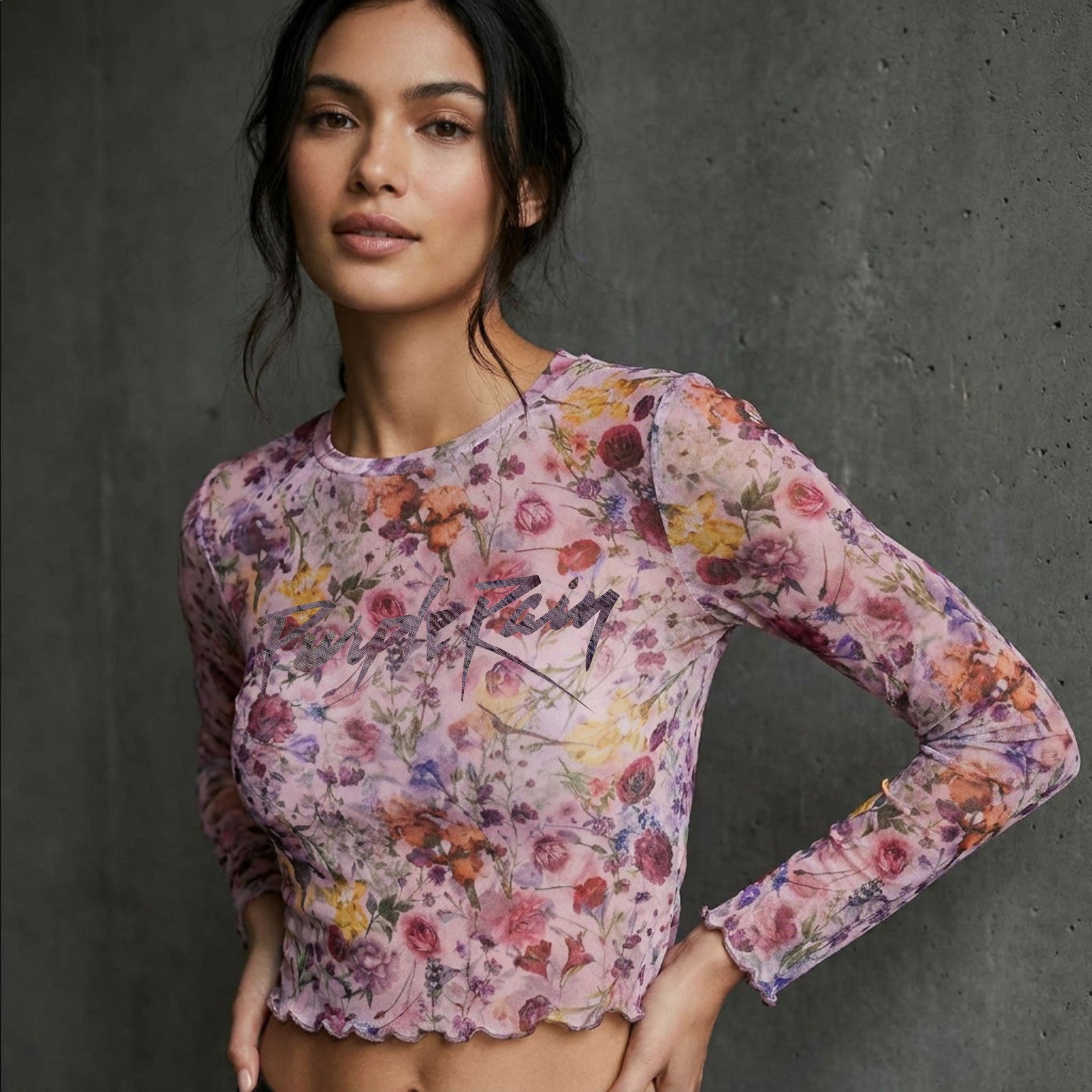 Prince Ladies Long Sleeve Mesh Crop Top: Purple Rain Logo Floral (Pink)