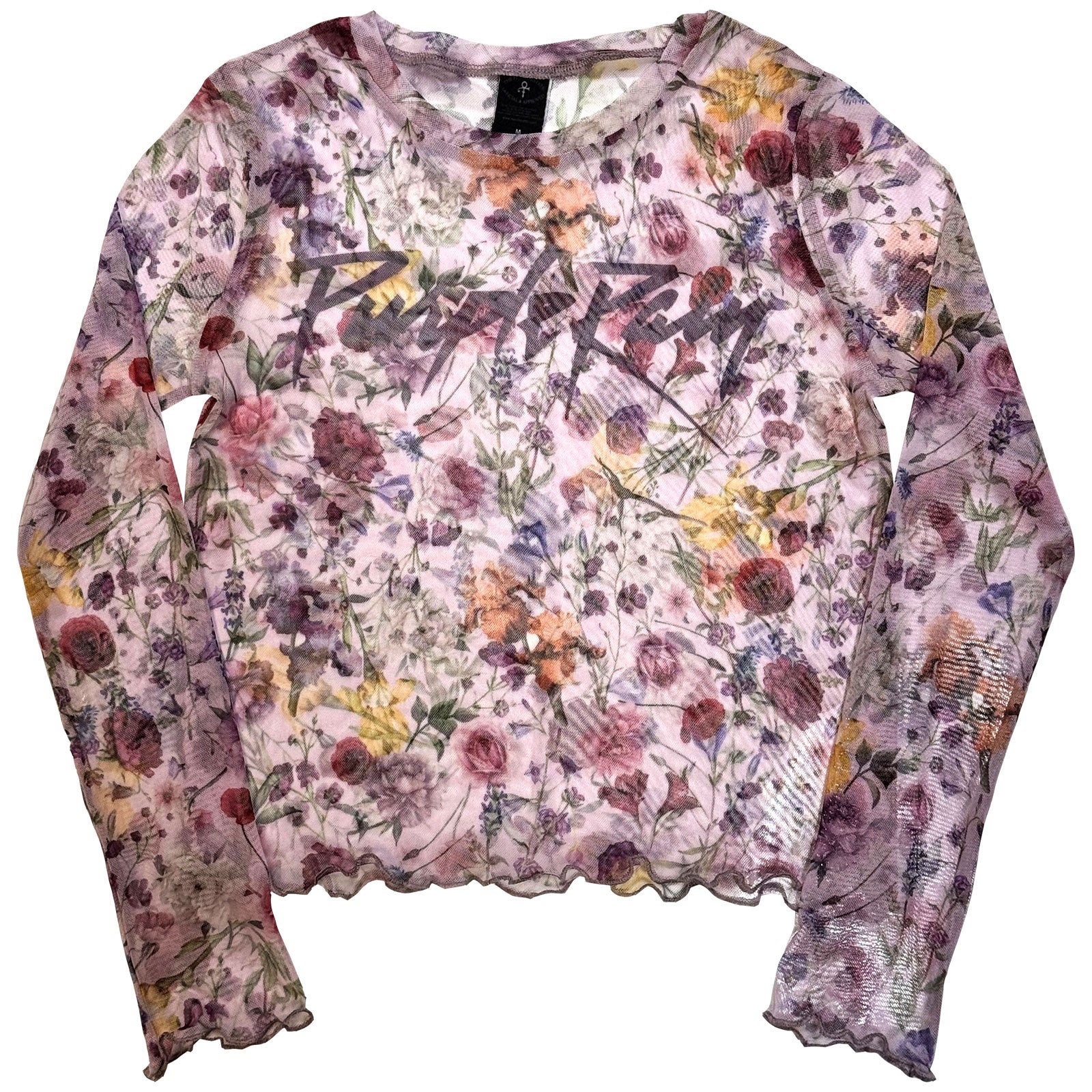 Prince Ladies Long Sleeve Mesh Crop Top: Purple Rain Logo Floral (Pink)