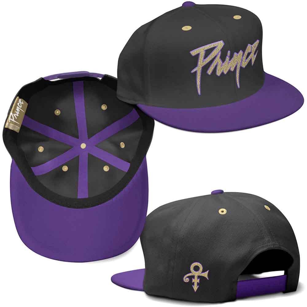 Prince Unisex Snapback Cap: Gold Logo & Symbol (Black & Purple)