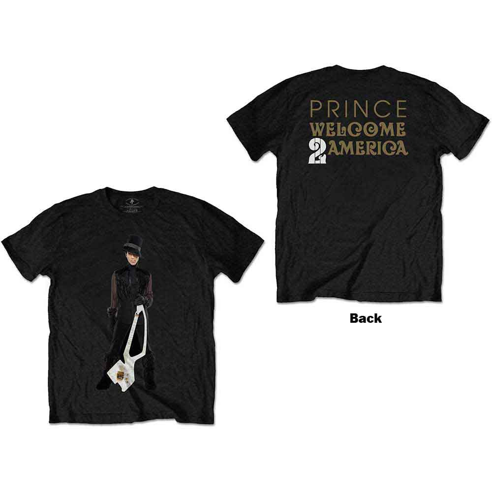 Prince Unisex T-Shirt: W2A White Guitar (Black) (Back Print)
