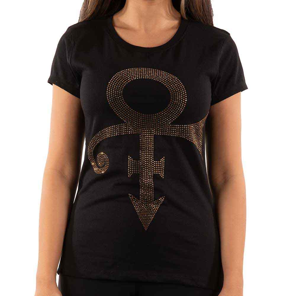 Prince Ladies T-Shirt: Gold Symbol (Black) (Embellished)